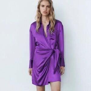 Zara Purple Satin Effect Wrap Shirt Dress NEW Mini Size Small Blogger Fav Night